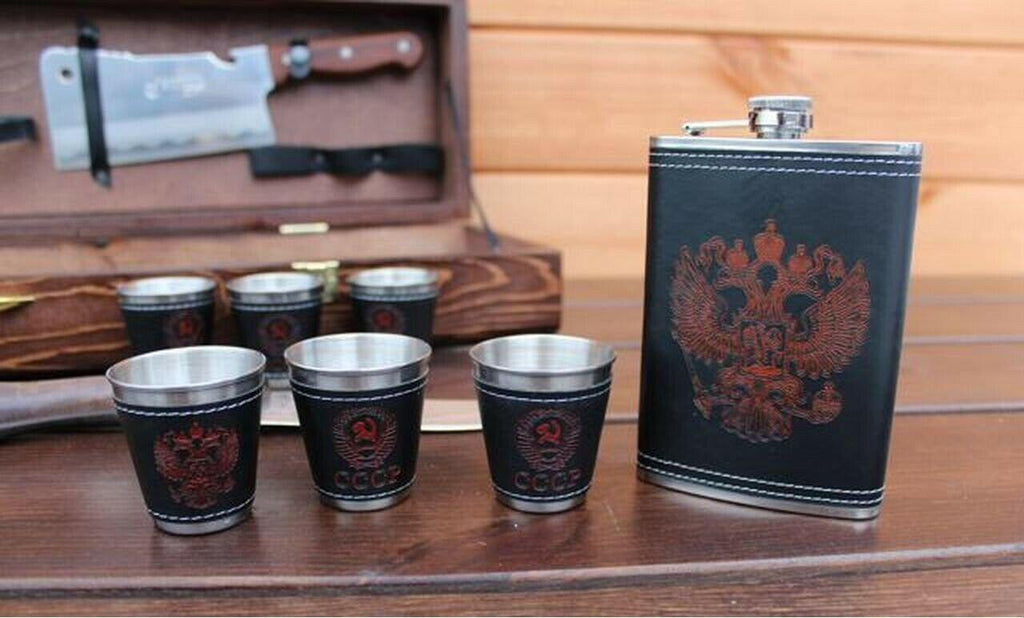 set of 6 skewers BBQ, Kebob, 6 glasses, a hatchet for meat, a knife and a flask