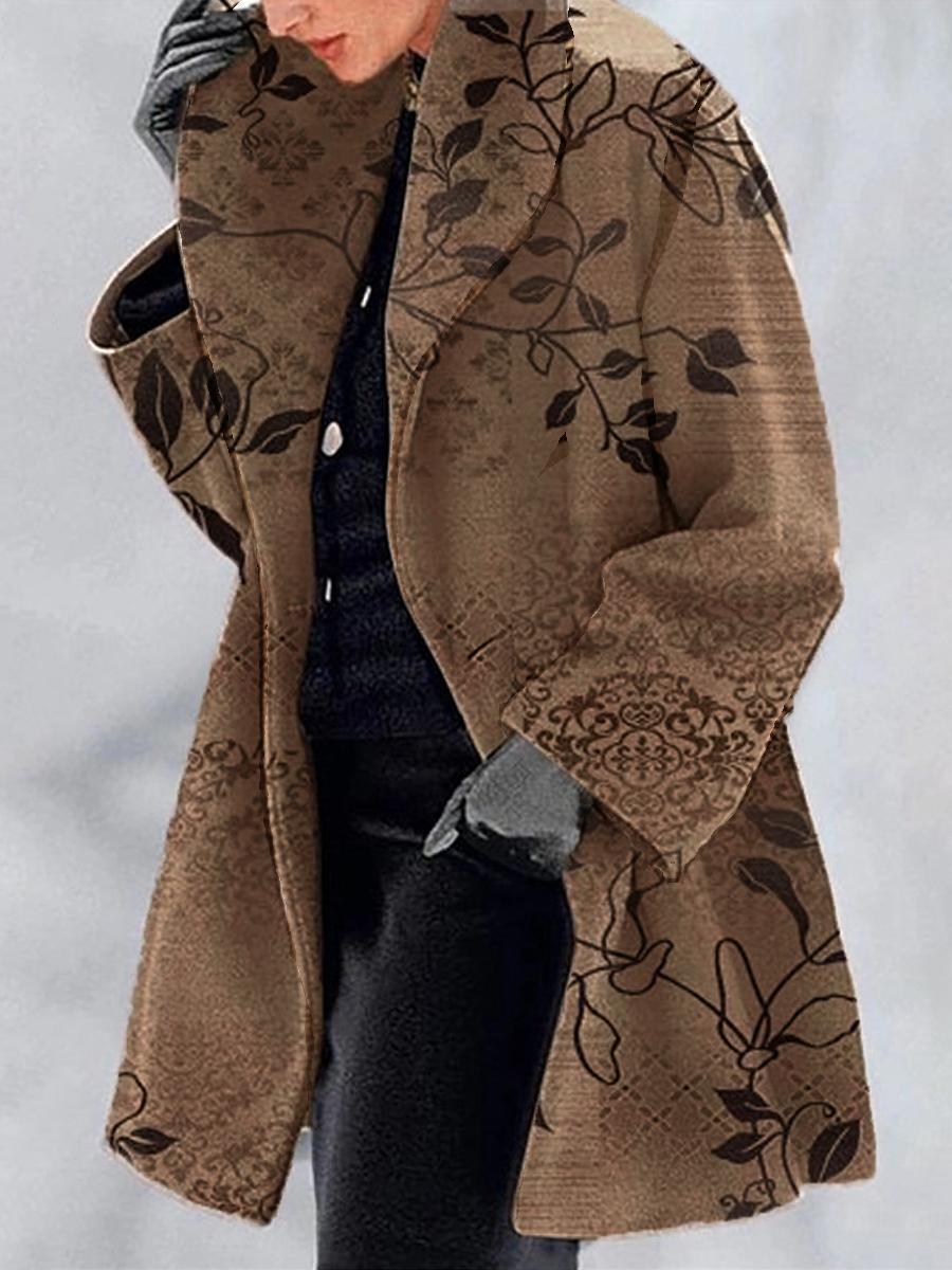 Leaf Print Casual Loose Woolen Coat