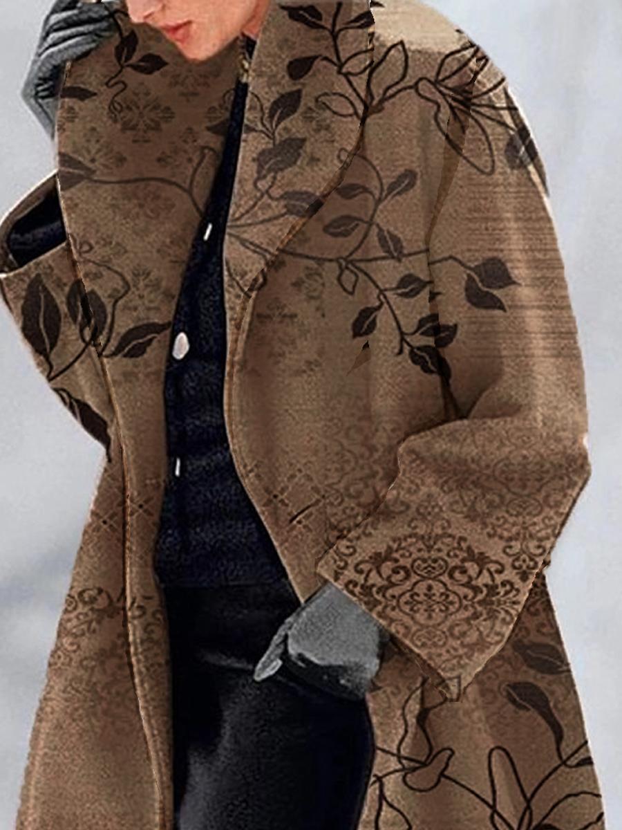 Leaf Print Casual Loose Woolen Coat