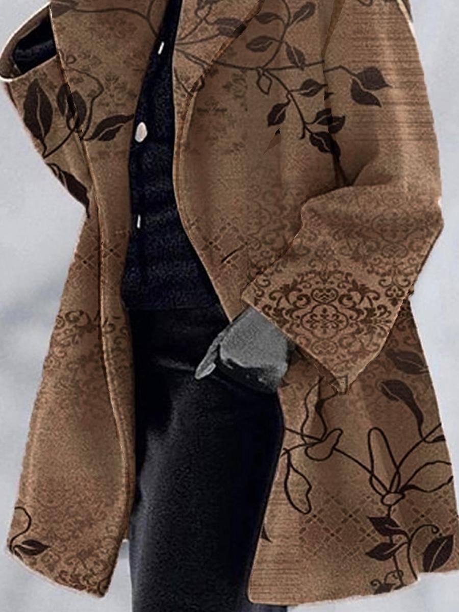 Leaf Print Casual Loose Woolen Coat