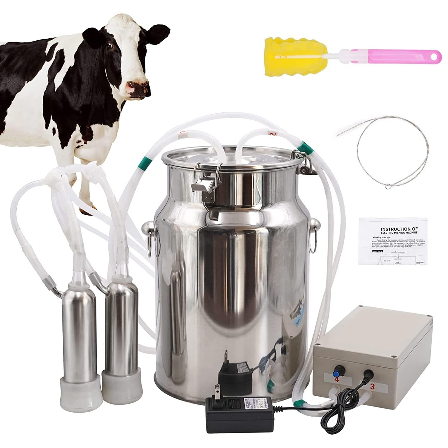 PAULOZYN Cow MilMachine with 10L Bucket Milker Electric Automatic Portable Plug-in Speed Adjustable Vacuum Pump MilSupplies with Tube Brush (Pulsation Type)