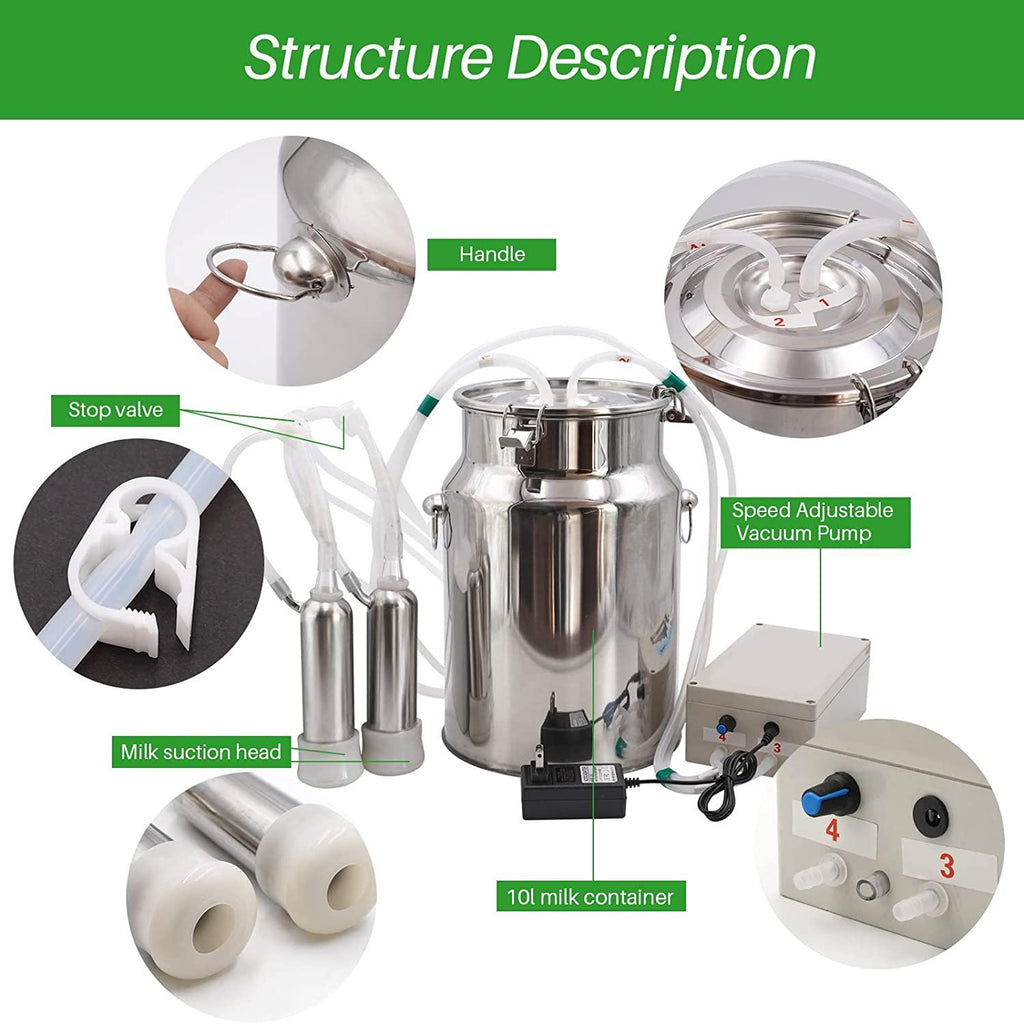 PAULOZYN Cow MilMachine with 10L Bucket Milker Electric Automatic Portable Plug-in Speed Adjustable Vacuum Pump MilSupplies with Tube Brush (Pulsation Type)