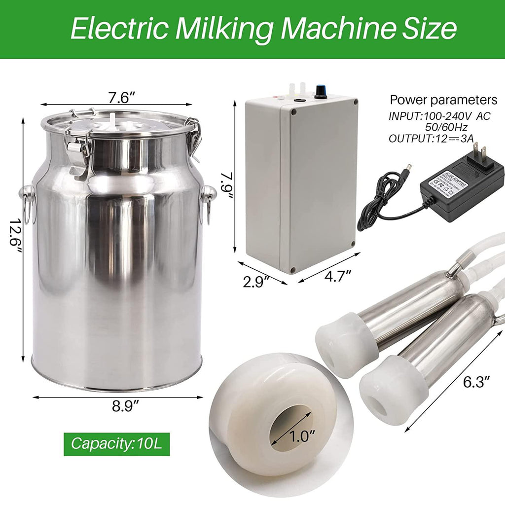 PAULOZYN Cow MilMachine with 10L Bucket Milker Electric Automatic Portable Plug-in Speed Adjustable Vacuum Pump MilSupplies with Tube Brush (Pulsation Type)