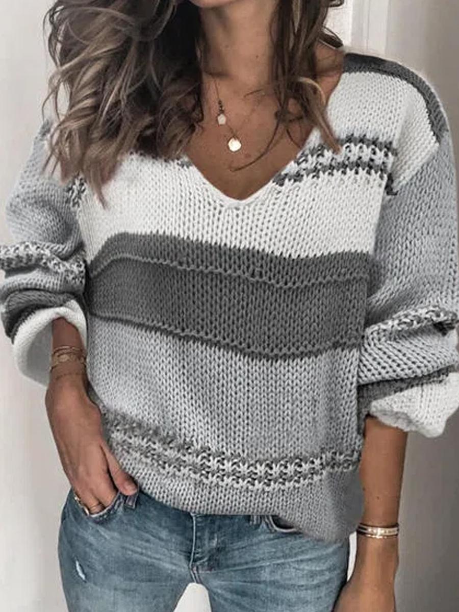 V-neck Striped Casual Knit Pullover