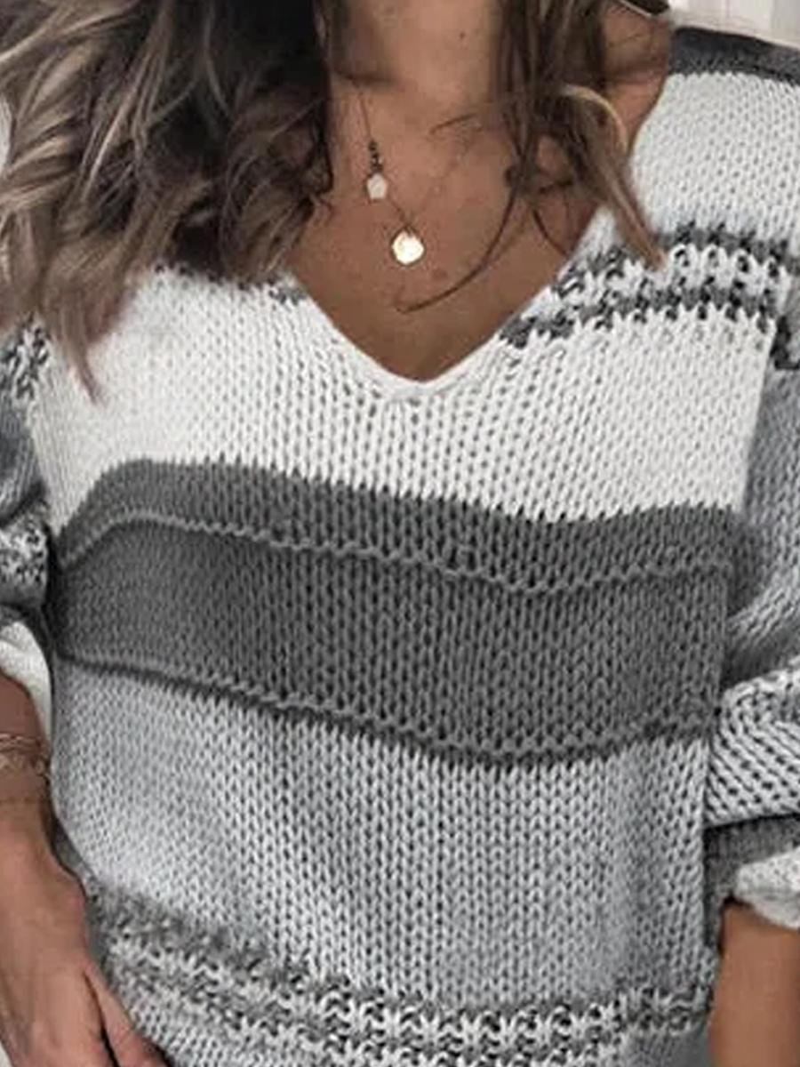 V-neck Striped Casual Knit Pullover