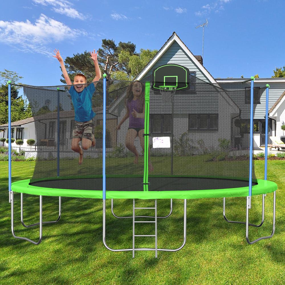 16 FT Kids Trampoline with Safety Net, Outdoor Trampoline with Basketball Hoop, Enclosure Net&amp;Spring Pad, Trampoline Ladder, Bounce Jumper Trampoline, Indoor Outdoor Play Equipment for Kids, W12947