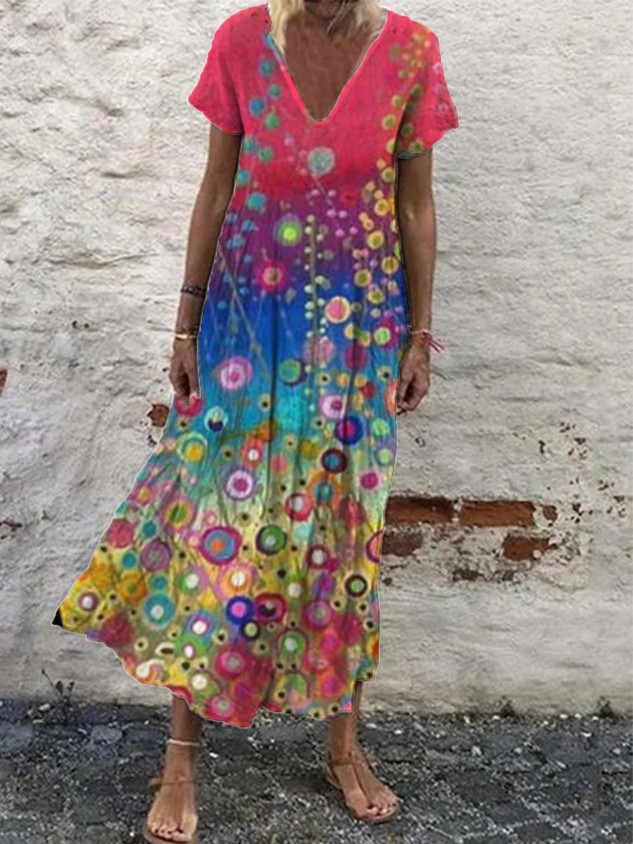 Ladies V-neck Print Fashion Maxi Dress