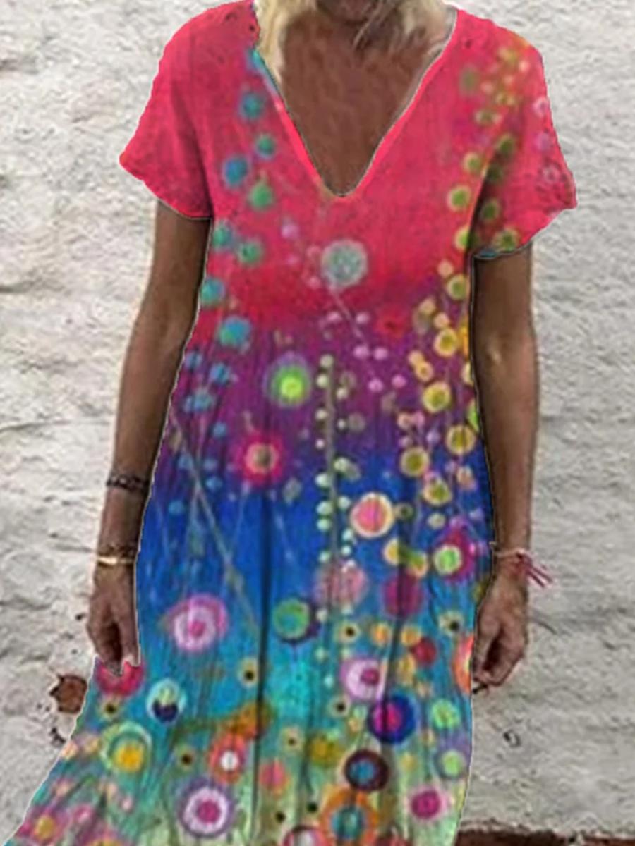 Ladies V-neck Print Fashion Maxi Dress