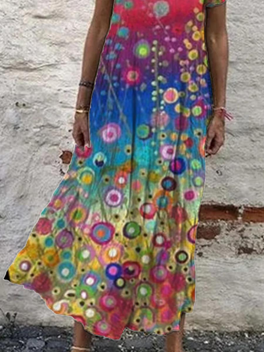 Ladies V-neck Print Fashion Maxi Dress