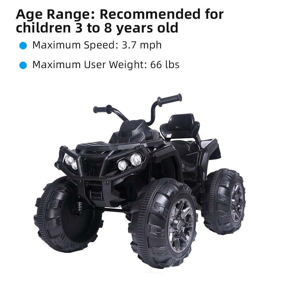 Kids Ride ON Toys 12 Volt Car, Battery Powered Quad Ride ON Cars, 4-Wheeler ATV Ride ON Toy w/ 2 Speed, LED Lights, AUX Jack, Radio, Electric Motorcycle for Boys / Girls, 3-8 Years Old, Black, W1846