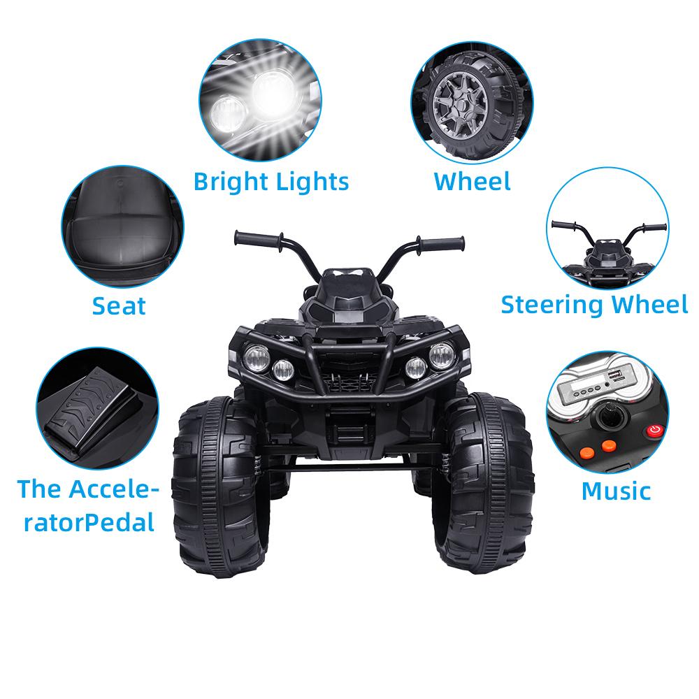 Kids Ride ON Toys 12 Volt Car, Battery Powered Quad Ride ON Cars, 4-Wheeler ATV Ride ON Toy w/ 2 Speed, LED Lights, AUX Jack, Radio, Electric Motorcycle for Boys / Girls, 3-8 Years Old, Black, W1866