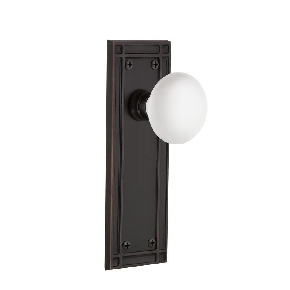 Mission Plate 2-3/8 in. Backset Timeless Bronze Privacy Bed/Bath White Porcelain Door Knob