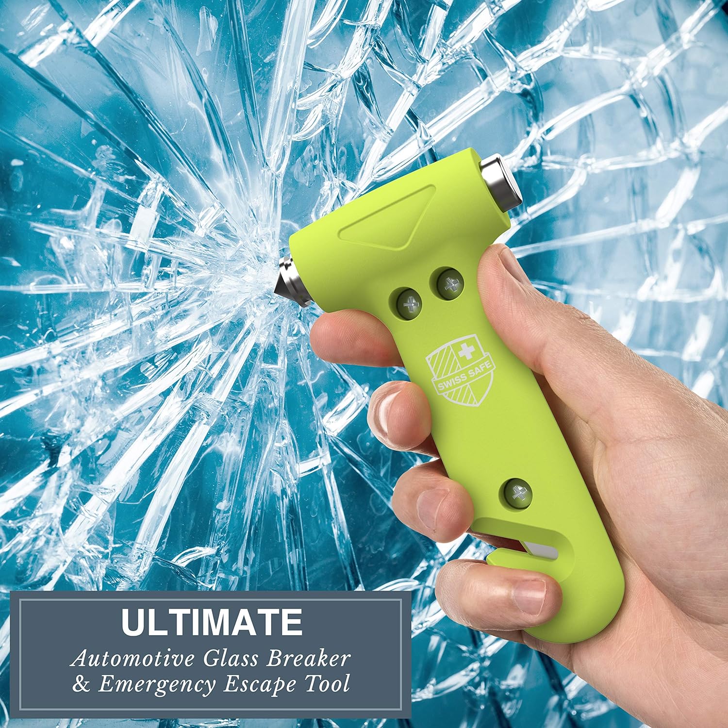 Swiss Safe 5-in-1 Car Safety Hammer, Emergency Escape Tool with Car Window Breaker and Seatbelt Cutter, Glow in The Dark