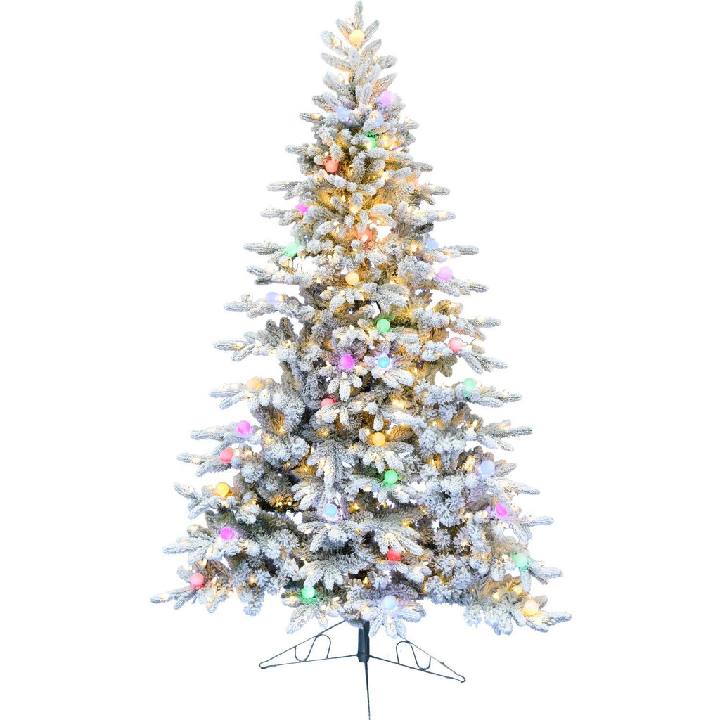 Fraser Hill Farm 6.5-ft. Snowy Christmas Half Tree with Flock, Warm White LED, and Frosted G40 Multicolored Lighting