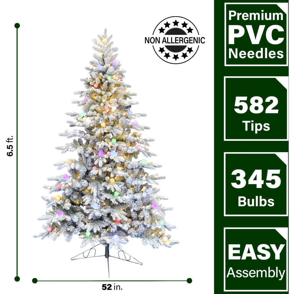 Fraser Hill Farm 6.5-ft. Snowy Christmas Half Tree with Flock, Warm White LED, and Frosted G40 Multicolored Lighting