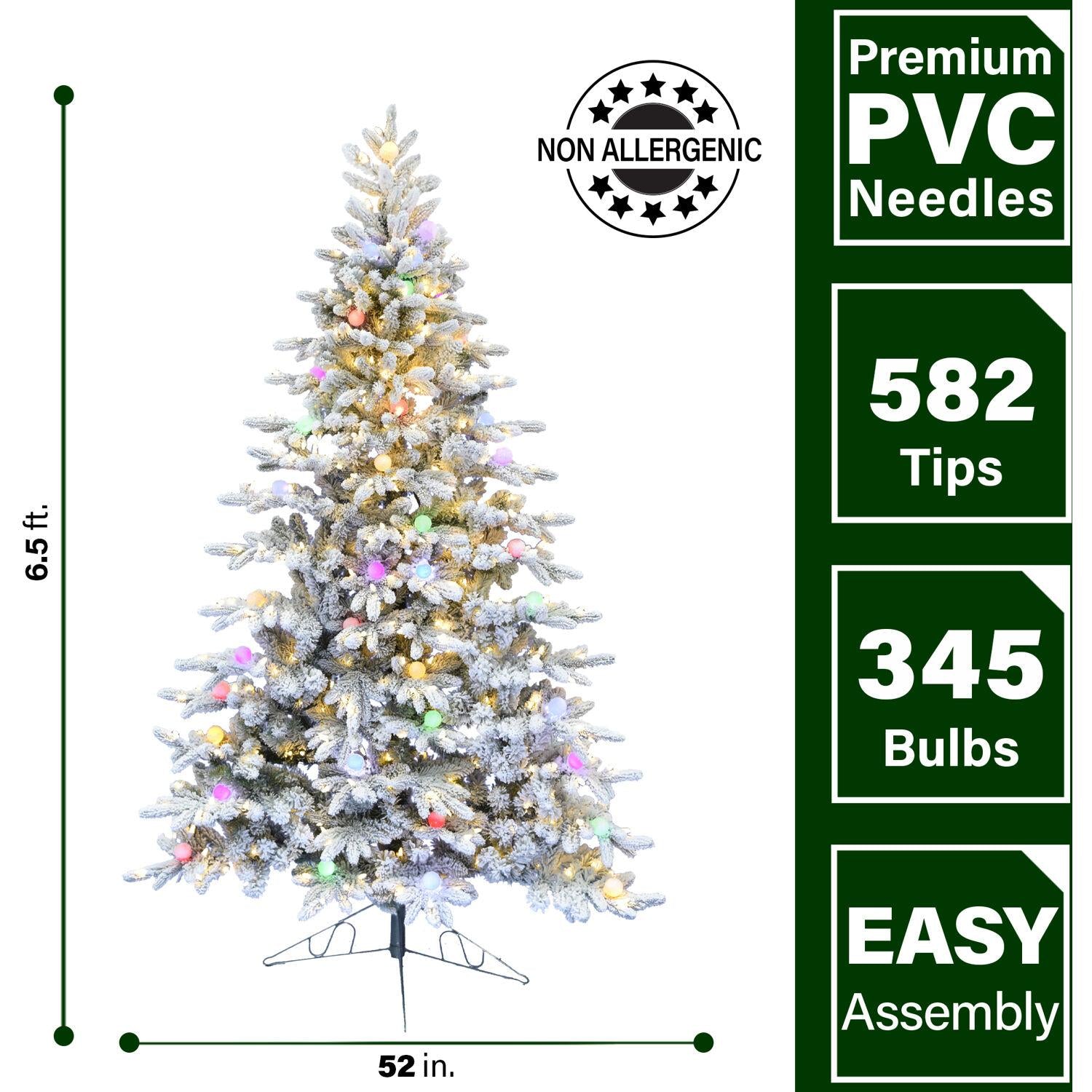 Fraser Hill Farm 6.5-ft. Snowy Christmas Half Tree with Flock, Warm White LED, and Frosted G40 Multicolored Lighting