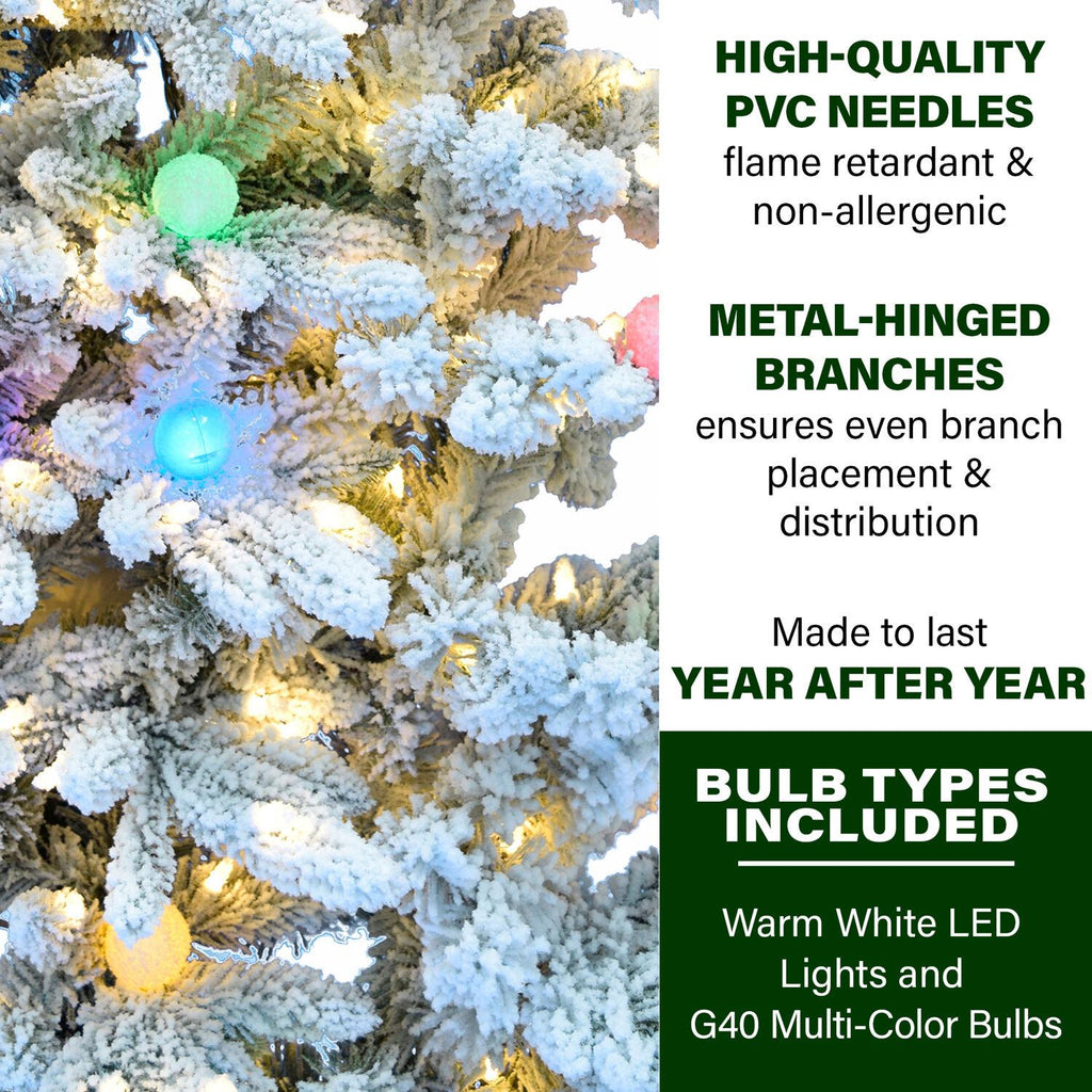 Fraser Hill Farm 6.5-ft. Snowy Christmas Half Tree with Flock, Warm White LED, and Frosted G40 Multicolored Lighting