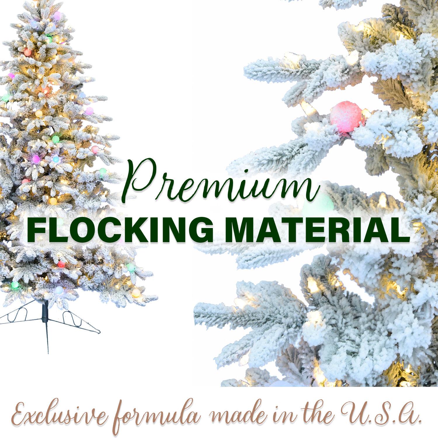 Fraser Hill Farm 6.5-ft. Snowy Christmas Half Tree with Flock, Warm White LED, and Frosted G40 Multicolored Lighting