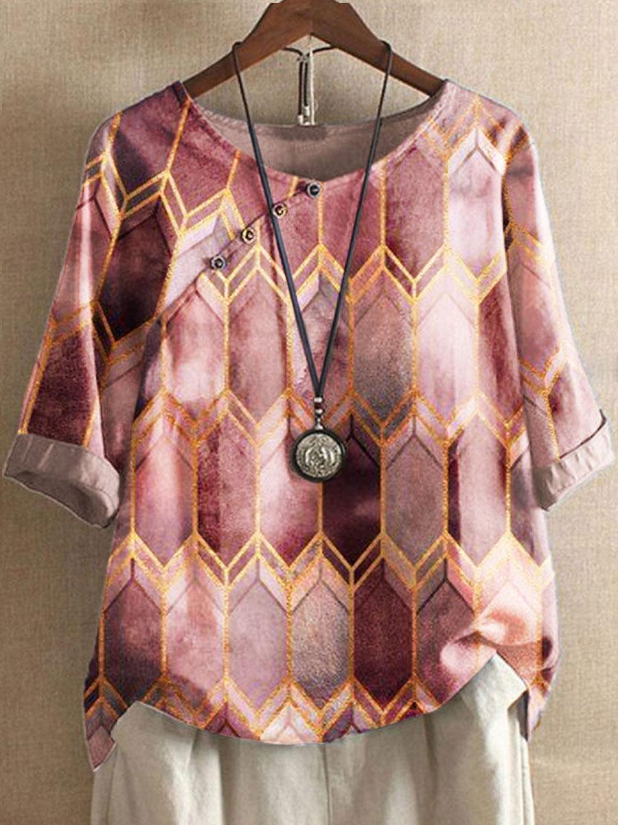 Round Neck Geometric Print Casual Fashion Blouse
