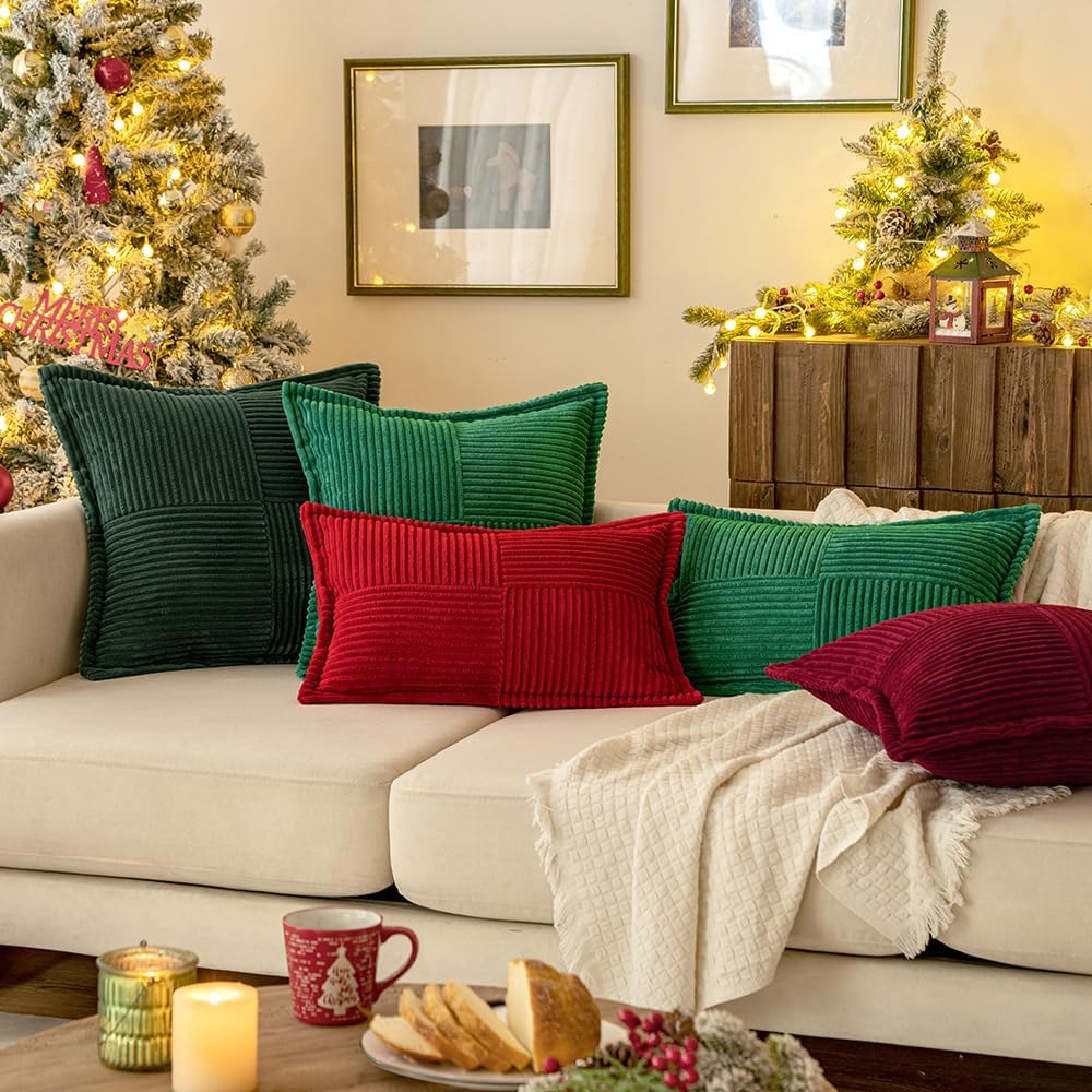 MIULEE Dark Green Corduroy Pillow Covers with Splicing Set of 2 Super Soft Boho Striped Pillow Covers Broadside Decorative Textured Throw Pillows for Christmas Couch Cushion Livingroom 18x18 inch