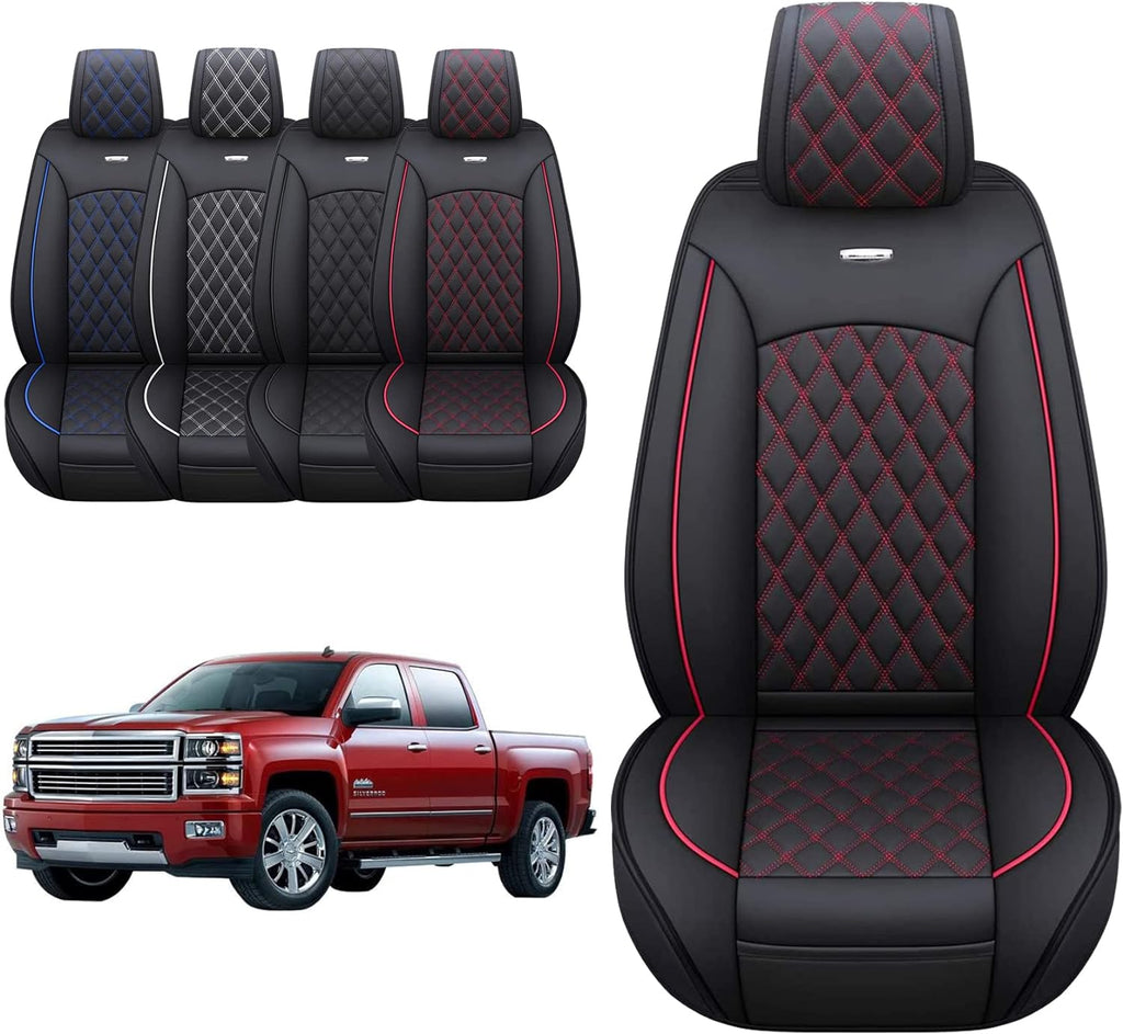 Aierxuan Chevy Chevrolet Silverado GMC Sierra Front Seat Covers Pickup Custom Fit 2007-2024 1500 2500HD 3500HD Crew Double Extended Cab Waterproof Leather Protectors (2 PCS Front, Black-Red)
