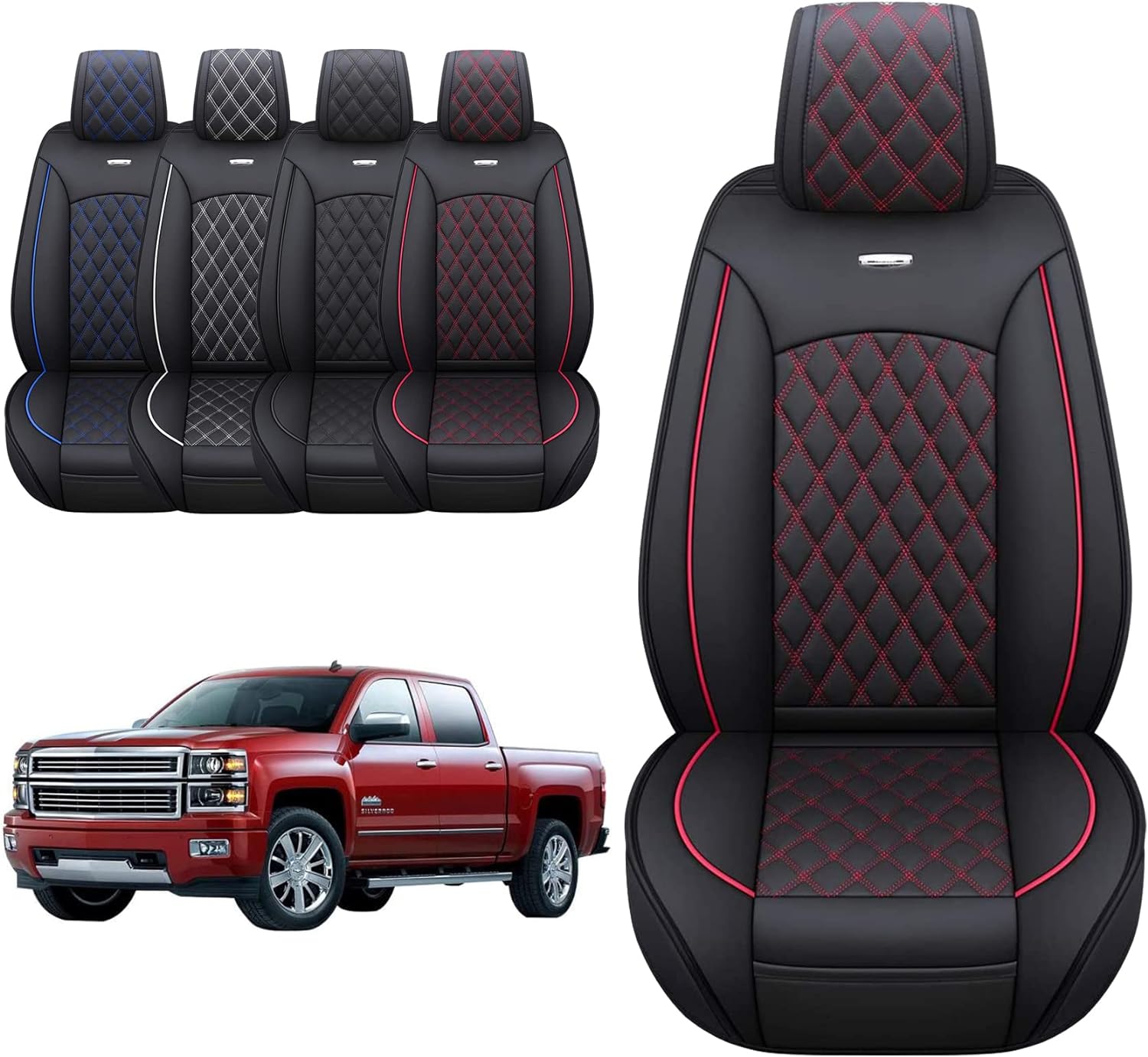 Aierxuan Chevy Chevrolet Silverado GMC Sierra Front Seat Covers Pickup Custom Fit 2007-2024 1500 2500HD 3500HD Crew Double Extended Cab Waterproof Leather Protectors (2 PCS Front, Black-Red)