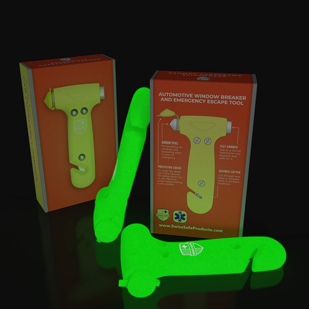 Swiss Safe 5-in-1 Car Safety Hammer, Emergency Escape Tool with Car Window Breaker and Seatbelt Cutter, Glow in The Dark, 2 Pack