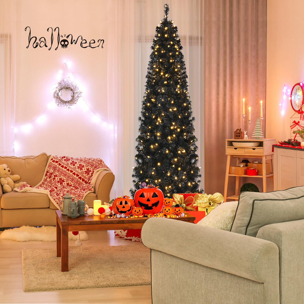 Costway 7ft Pre-lit PVC Christmas Halloween Pencil Tree Black w/ 350 LED Lights