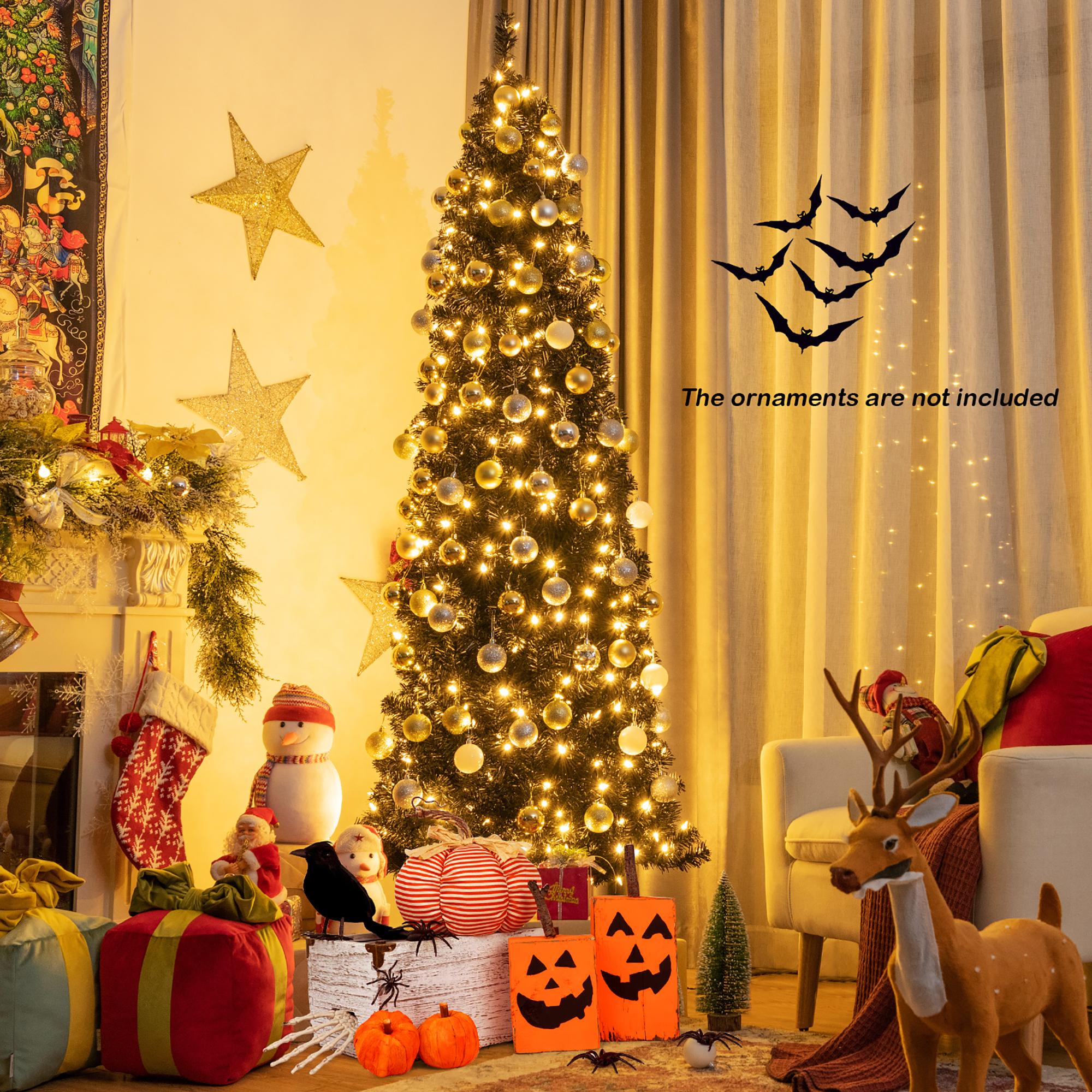 Costway 7ft Pre-lit PVC Christmas Halloween Pencil Tree Black w/ 350 LED Lights
