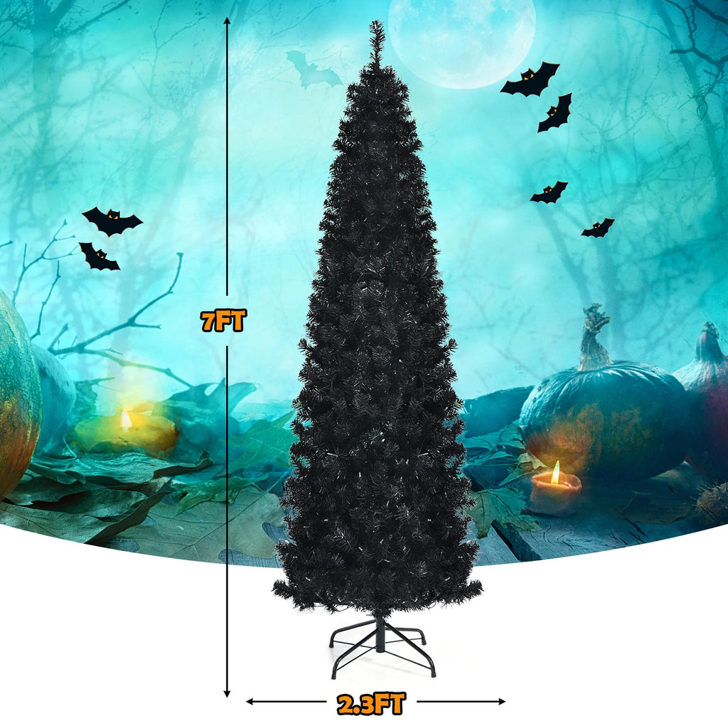 Costway 7ft Pre-lit PVC Christmas Halloween Pencil Tree Black w/ 350 LED Lights