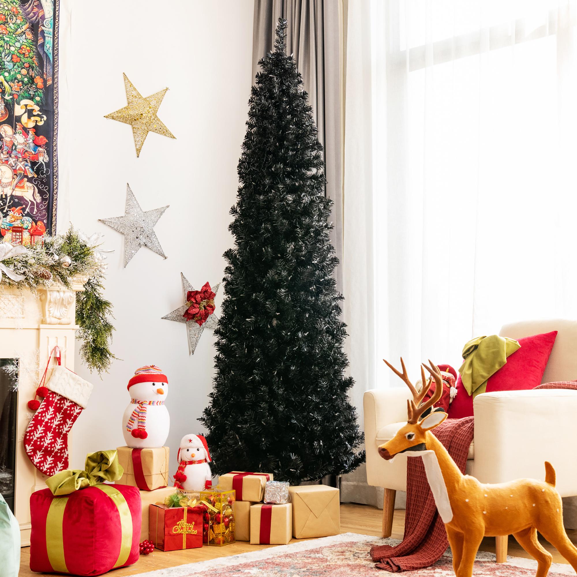 Costway 7ft Pre-lit PVC Christmas Halloween Pencil Tree Black w/ 350 LED Lights