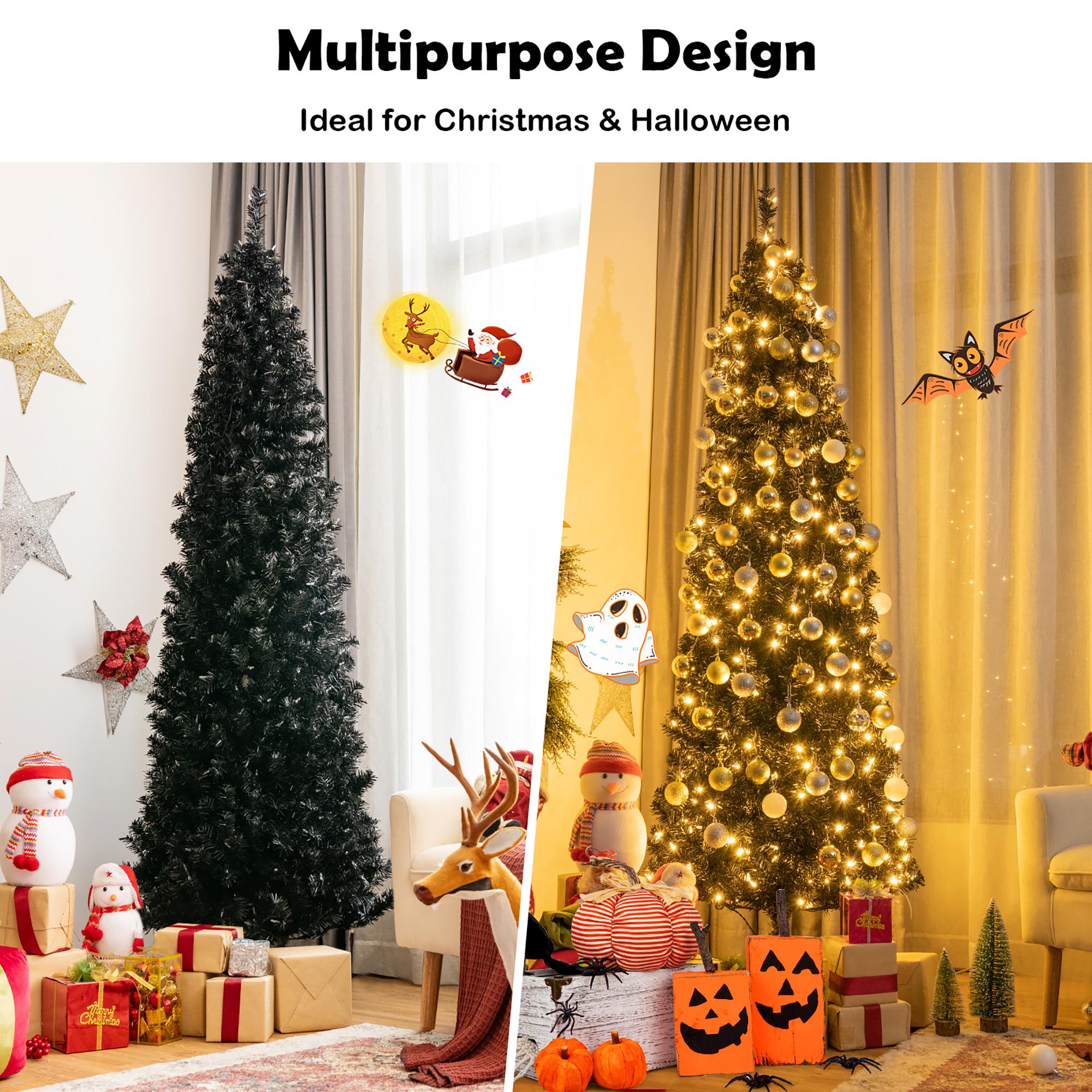 Costway 7ft Pre-lit PVC Christmas Halloween Pencil Tree Black w/ 350 LED Lights