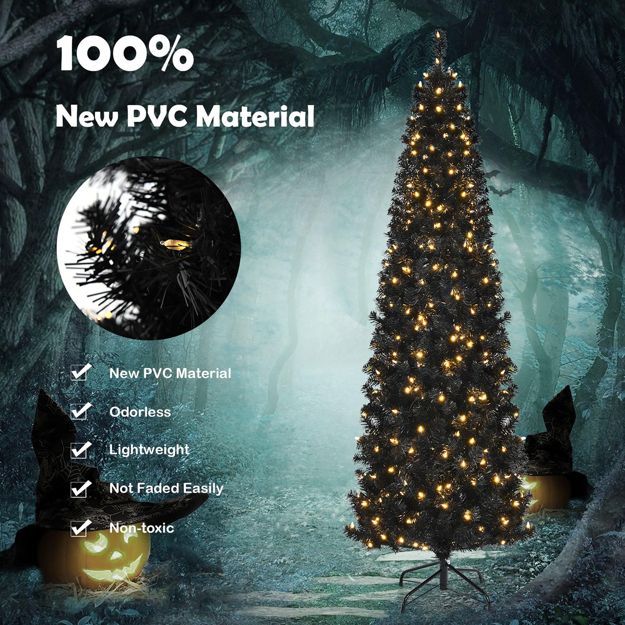 Costway 7ft Pre-lit PVC Christmas Halloween Pencil Tree Black w/ 350 LED Lights