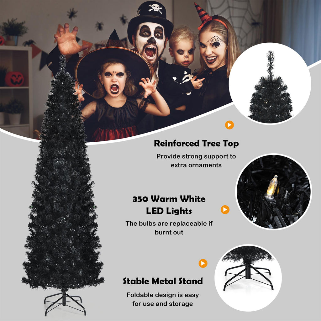 Costway 7ft Pre-lit PVC Christmas Halloween Pencil Tree Black w/ 350 LED Lights