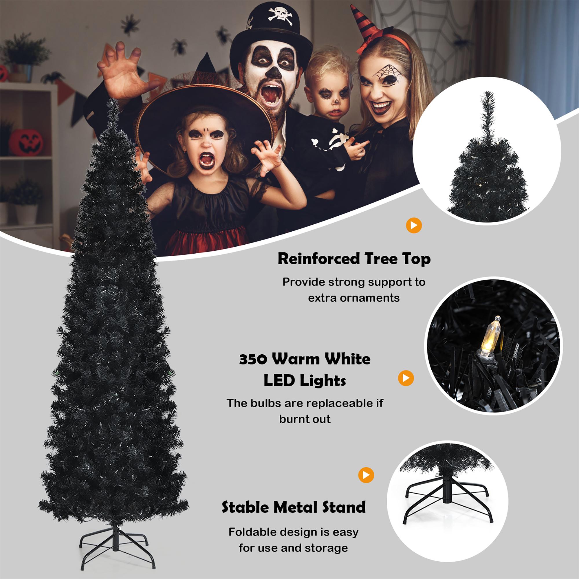 Costway 7ft Pre-lit PVC Christmas Halloween Pencil Tree Black w/ 350 LED Lights