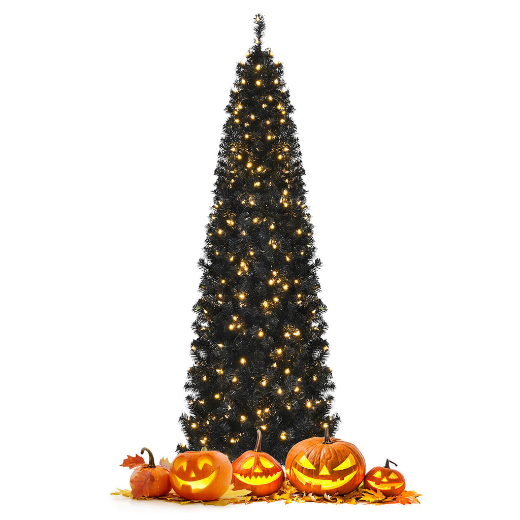 Costway 7ft Pre-lit PVC Christmas Halloween Pencil Tree Black w/ 350 LED Lights