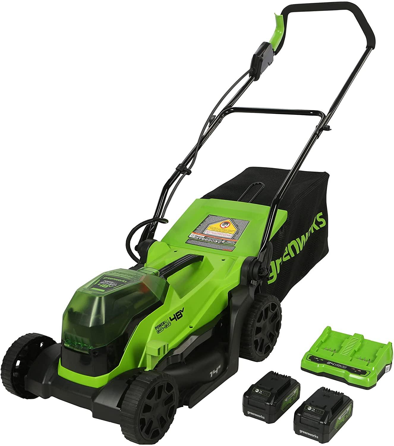 Greenworks 48V 14" Brushless Cordless Lawn Mower, (2) 4.0Ah USB Batteries (USB Hub) and Dual Port Rapid Charger Included (2 x 24V)