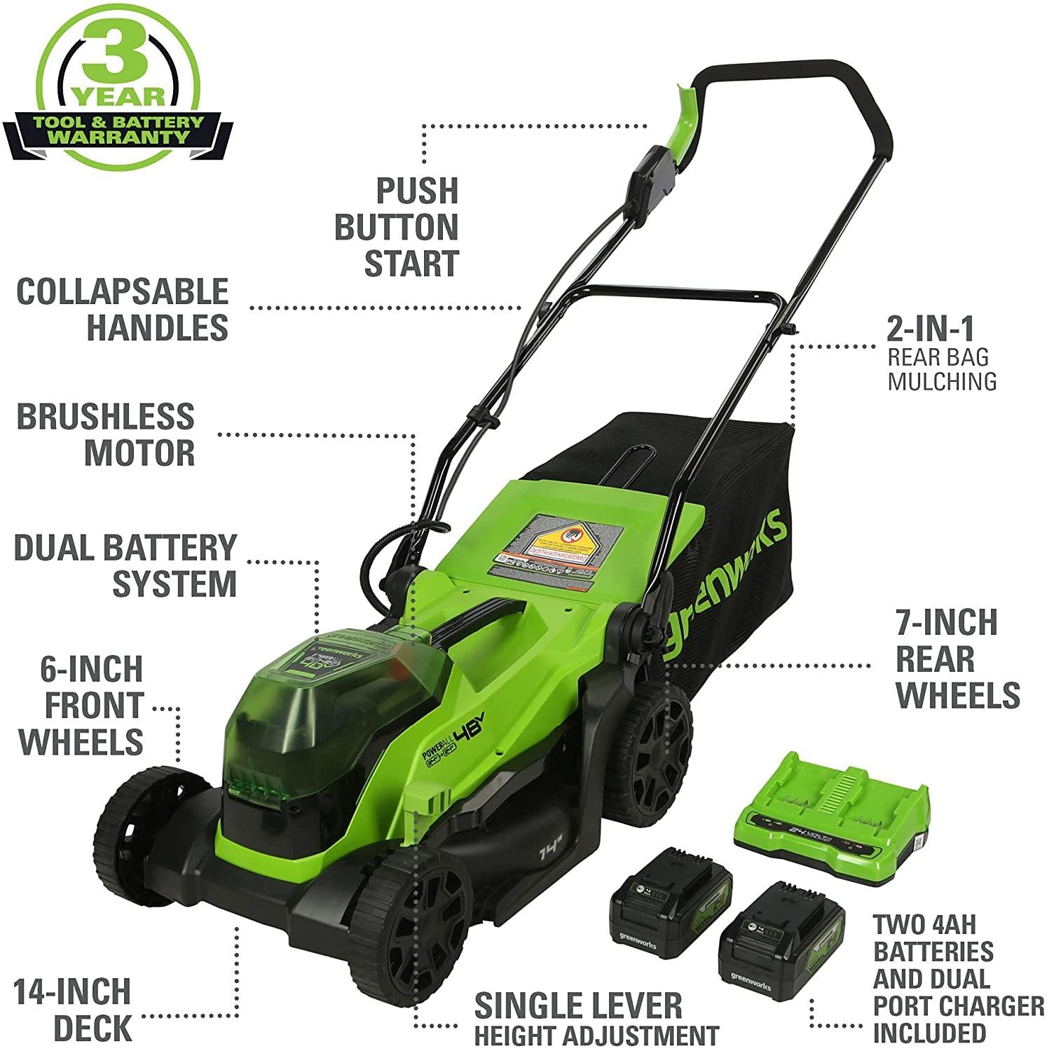 Greenworks 48V 14" Brushless Cordless Lawn Mower, (2) 4.0Ah USB Batteries (USB Hub) and Dual Port Rapid Charger Included (2 x 24V)