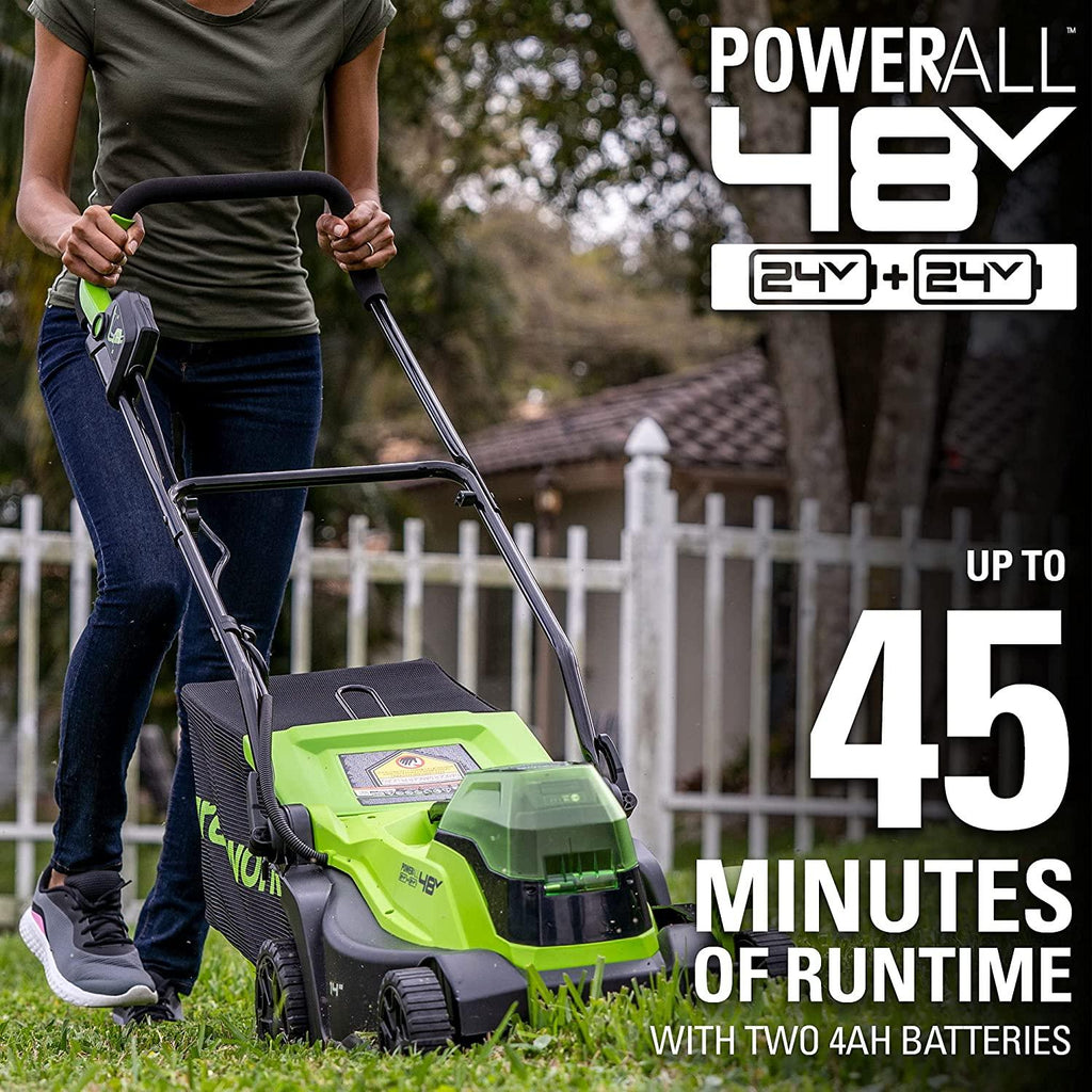 Greenworks 48V 14" Brushless Cordless Lawn Mower, (2) 4.0Ah USB Batteries (USB Hub) and Dual Port Rapid Charger Included (2 x 24V)