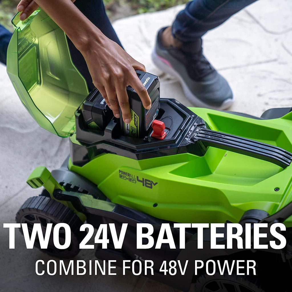 Greenworks 48V 14" Brushless Cordless Lawn Mower, (2) 4.0Ah USB Batteries (USB Hub) and Dual Port Rapid Charger Included (2 x 24V)
