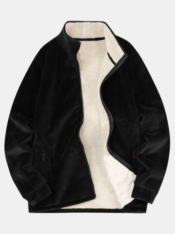 mens thicken fleece lined velour stand collar solid warm overcoats with pocket