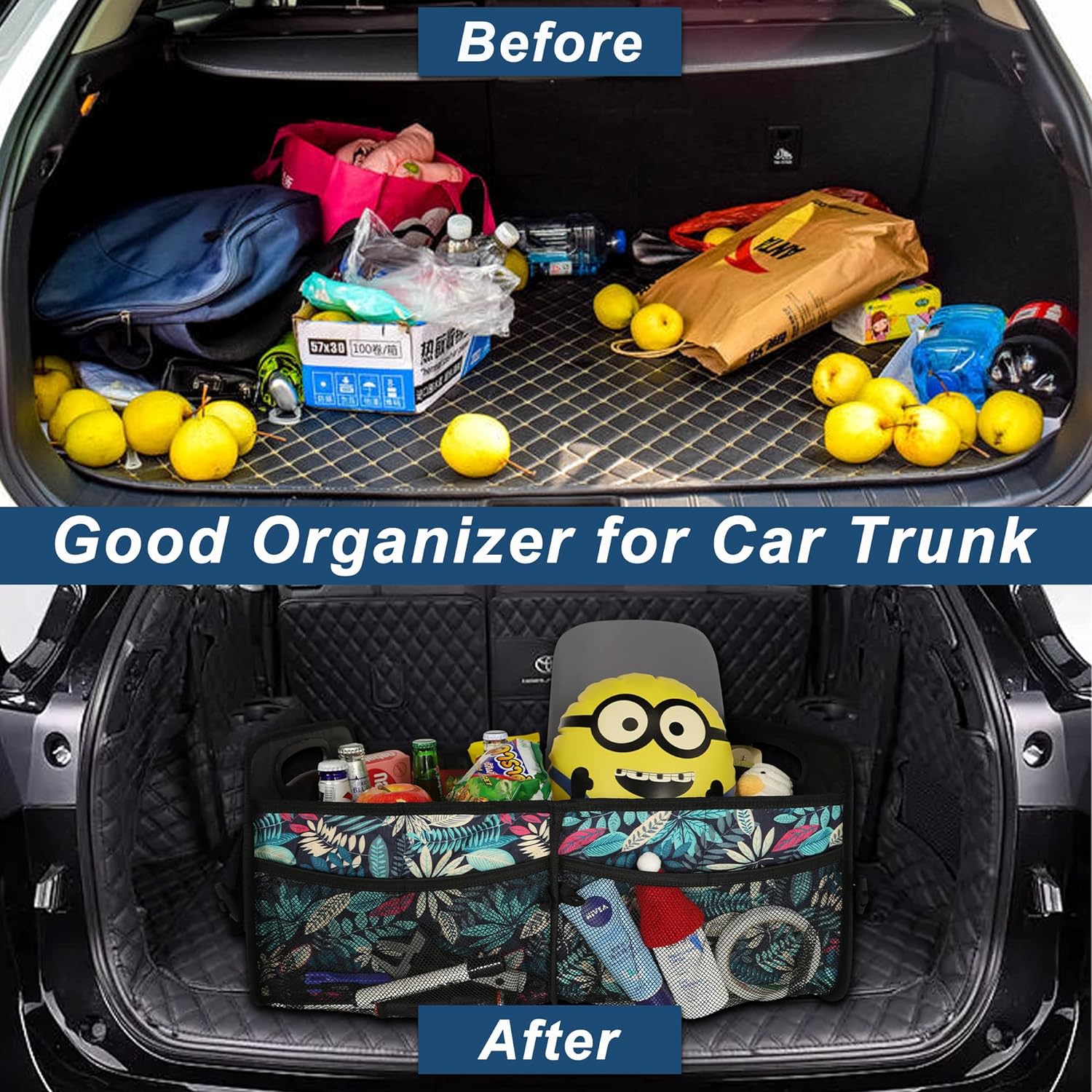 Deosk Car Trunk Organzier for suv,Car Organziers and Storage with 6 Big Pocket,Car Accessories Women/Men 50L Waterproof Polyester Car/SUV/Minivan/Truck(Medium, Leaves)