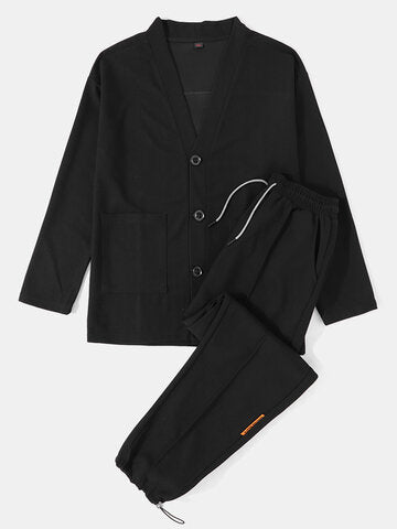 mens texture solid color button front cardigan basics two pieces outfits