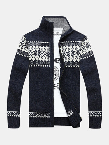 mens tribal style zipper stand collar casual knitted sweater cardigan