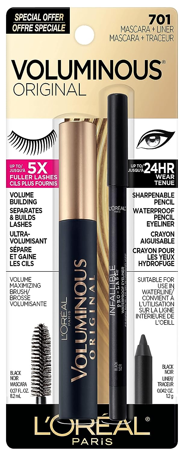 L'Oréal Paris Voluminous Original Volume Building Mascara and Infallible Eyeliner, Builds eye lashes up to 5X natural thickness, Smudge Free, Clump Free, Black, 1 kit