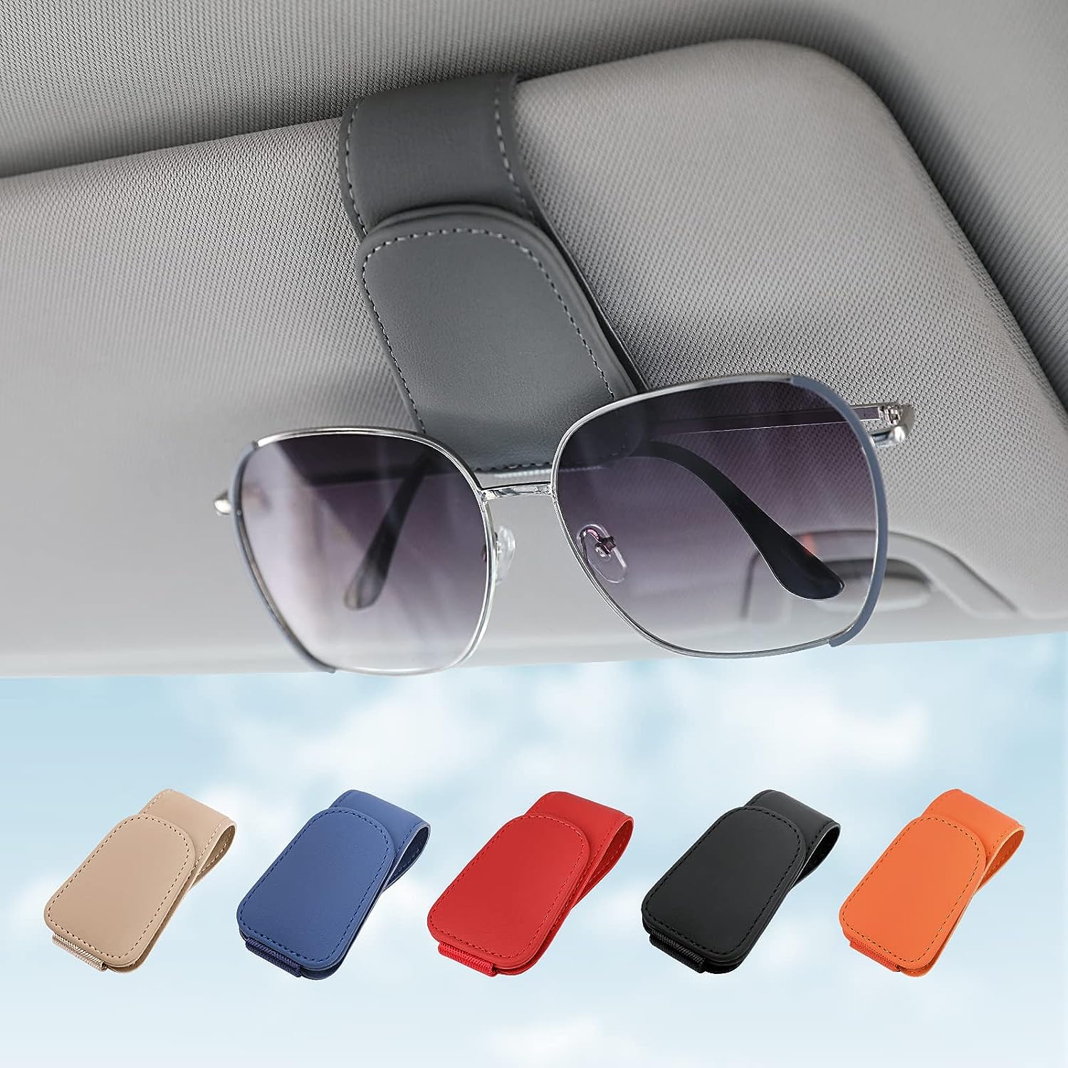 Sunglass Holder for Car Visor Sunglasses Clip Magnetic Leather Glasses Eyeglass Holder Interior Car Accessories for Woman Man - 2 Packs Gray