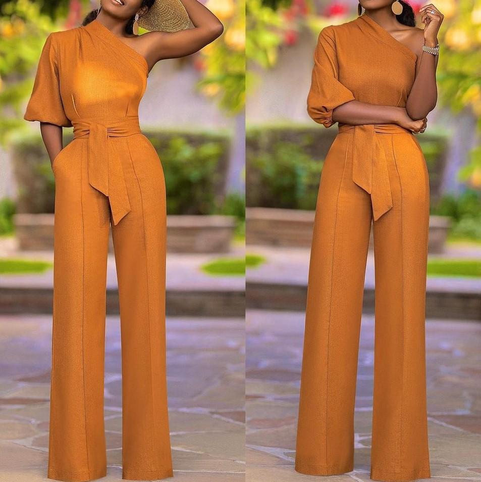 Women's Oblique Shoulder Design High-waist Straight-leg Jumpsuit