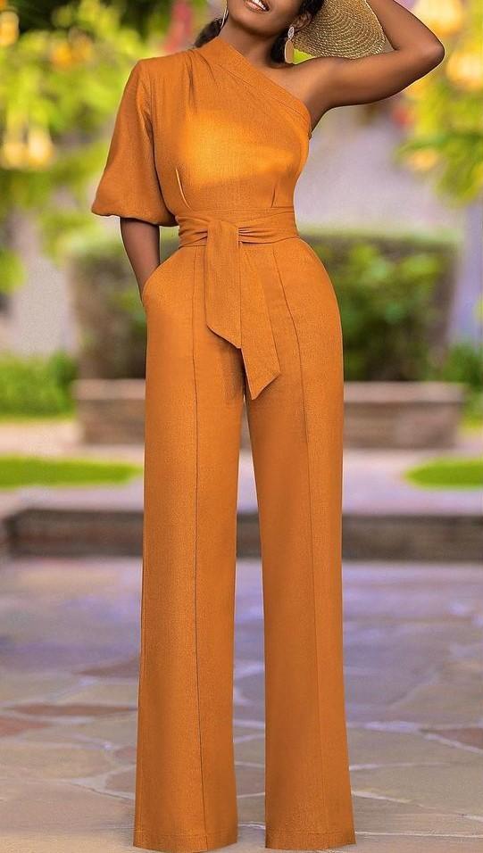 Women's Oblique Shoulder Design High-waist Straight-leg Jumpsuit