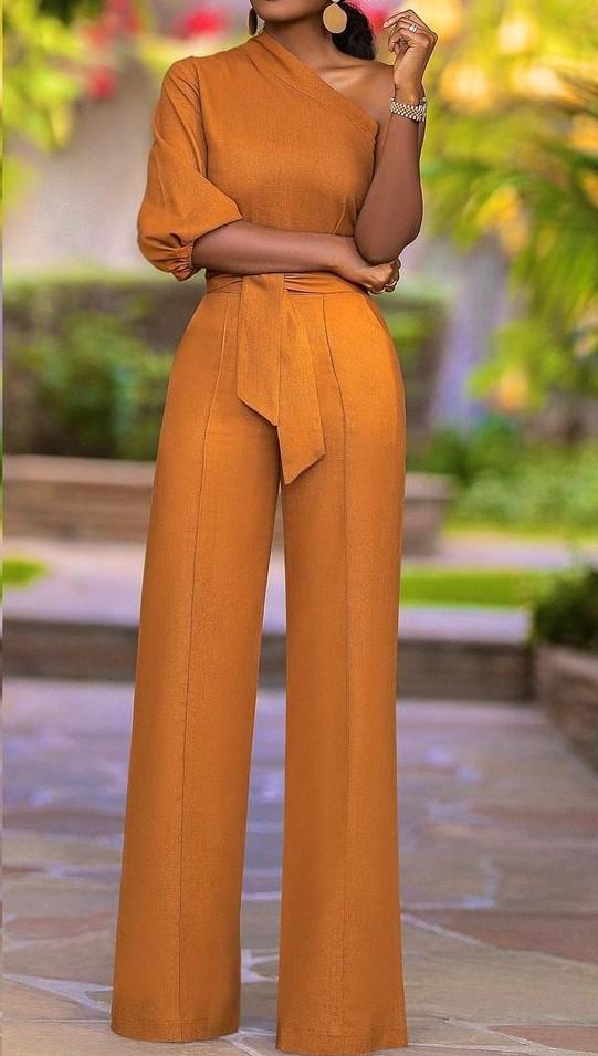Women's Oblique Shoulder Design High-waist Straight-leg Jumpsuit