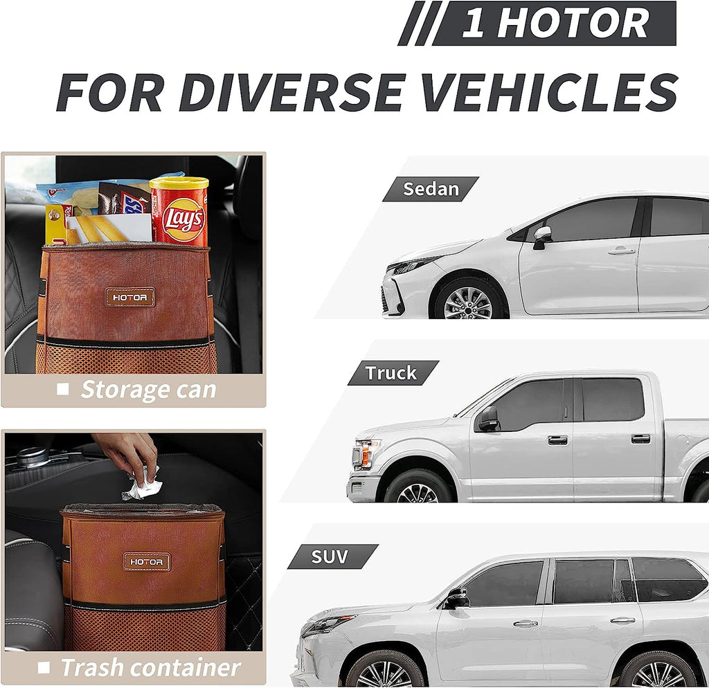 HOTOR Car Trash Can, Multifunctional Car Accessory for Interior Car Stuff Storage with Compact Design, Waterproof Car Organizer and Storage with Adjustable Straps, Magnetic Snaps (Brown)